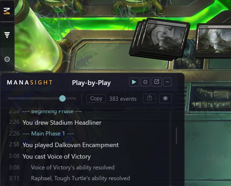 Manasight overlay showing the live play-by-play log with match events