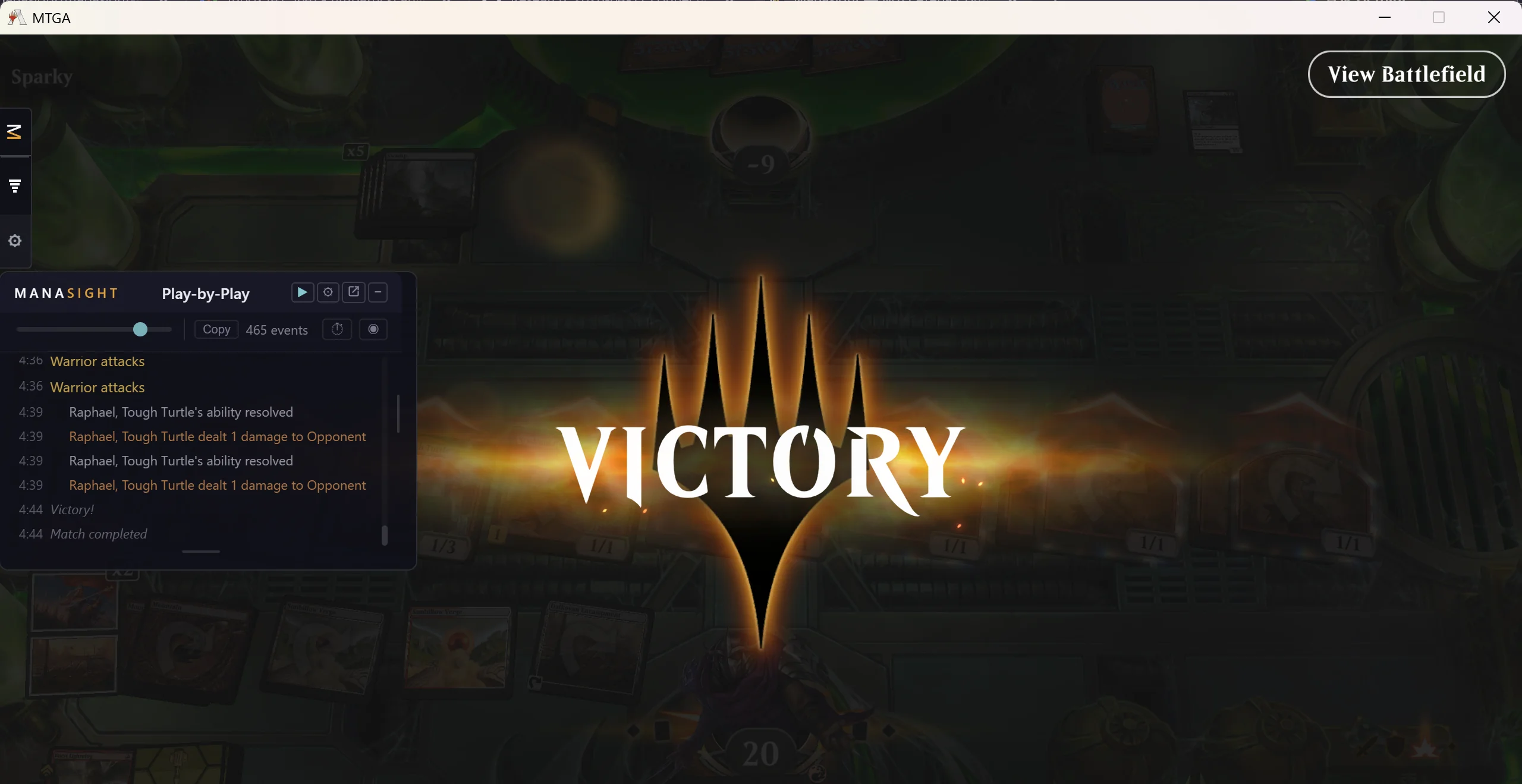 Manasight overlay still visible on the Arena victory screen
