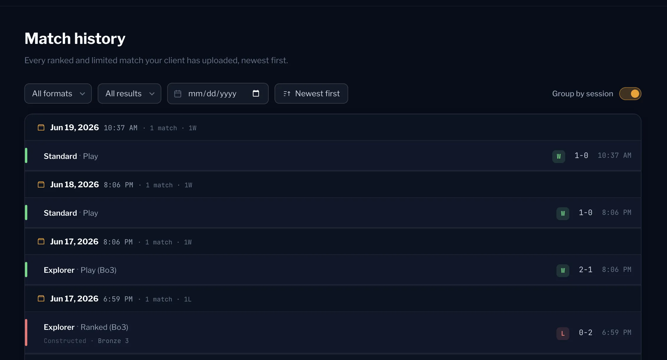 The Manasight match history list: matches grouped by day and play session, each showing format, play or draw, and a win or loss result, with format, result, and date filters above