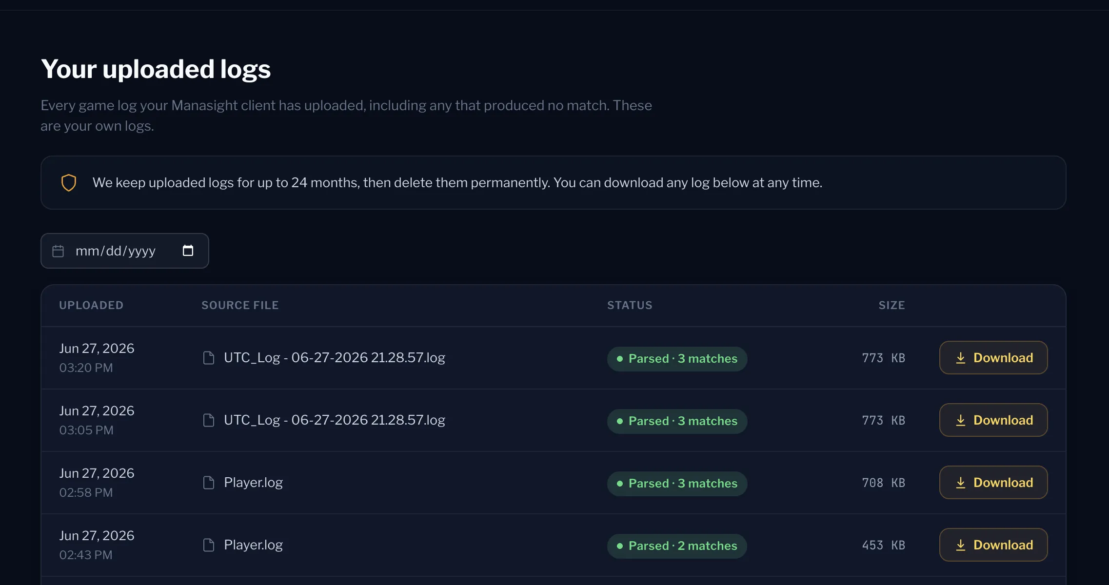 The Manasight 'Your uploaded logs' page: a table of uploaded game logs showing upload time, source file name, parse status with match count, file size, and a download button on each row